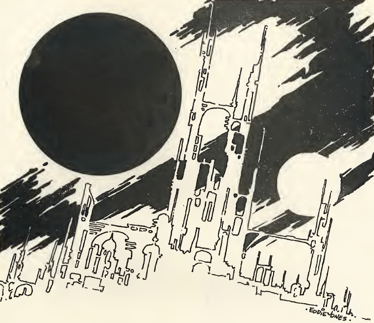 Black and white ink illustration of the outline of a futuristic city with two large circular objects in the sky, one white, one black