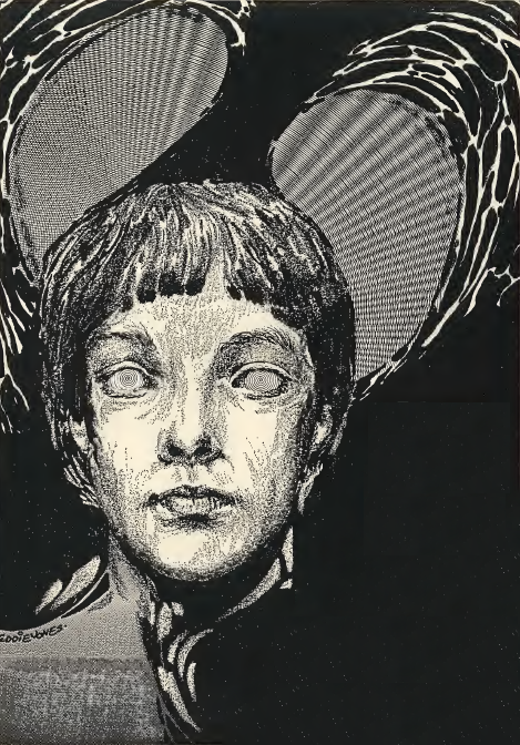 Black and white Ink illustration of a teenage white boy with a bull haircut with his eyes replaced by spirals and abstract patterns between shadows behind him.