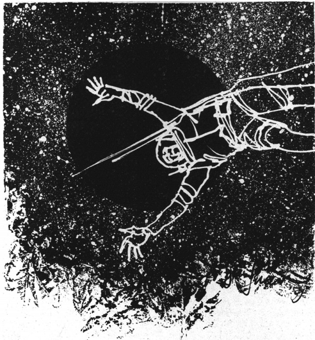 A black and white drawing shows a black hole in the center against a dark background littered with stars and galaxies.  A line drawing of an astronaut in a space suit is drawn in white ink over top.  He is horizontal as though floating in space, with his arms outstretched ahead of him toward the left of the frame.