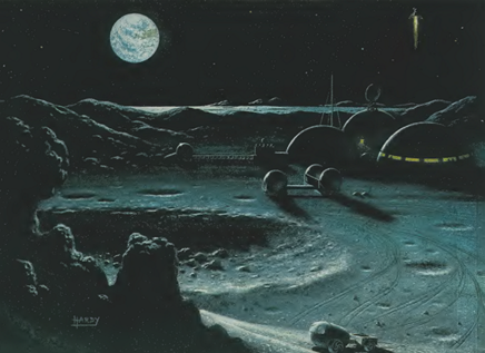 Colour painting of a possible polar lunar mining facility, nect to a crater is a domed base, a rocket taking off and a trailered vehicle moves across the service of the Moon.
In background is The Earth over the horizon.