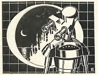 Black and White Ink drawing showing a humanoid robot with binocular eyes, standing in front of a grid covered wall with a large circular window.  Out of the window can be seen the moon shining over a bay and a futuristic city on the coast.