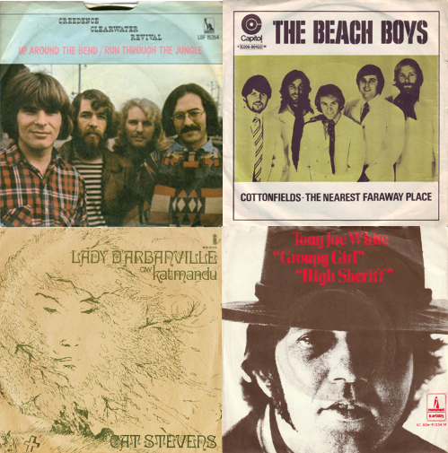 Covers of Four Singles:
Up Around The Bend by Creedence Clearwater Revival
Cottonfields by The Beach Boys
Lady D'Arbanville by Cat Stevens
Groupie Girl by Tony Joe White