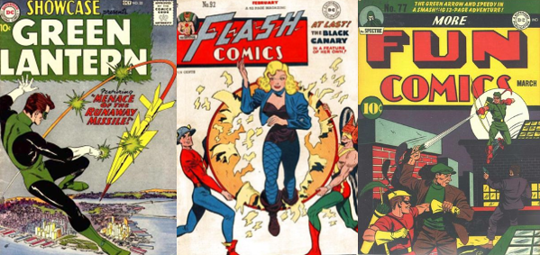 Covers of Showcase #22, Flash Comics #92 and More Fun Comics #77