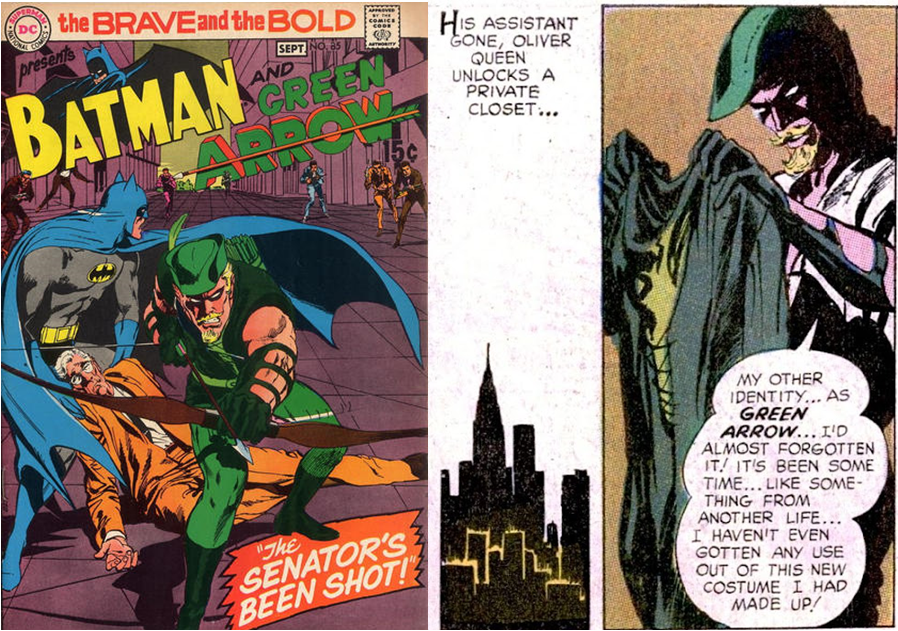 Cover and two panels of  Brave and the Bold #85.
Cover Title: Brave and the Bold #85 Presents Batman and Green Arrow. "The Senator's Been Shot!"
On a street people with guns surround Batman, Green Arrow and the injured Senator. Batman looks around worried as Green Arrow prepares his bow.
Panel 1: A shadowy distant cityscape. Caption: His assistant gone, Oliver Queen unlocks a private closet...
Panel 2: Green Arrow in hat, mask and bracers looks at his new outfit and says:
"My other identity...as Green Arrow...I'd almost forgotten it! It's been some time... like something from another life...I haven't even gotten any use of of this new costume I made up!"