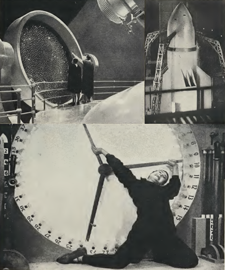 Photos from Things To Come, Women in the Moon and Metropolis.
Top left shows a scene from Things To Come showing two people in robes looking at a stellar map. Top right showing Women in the Moon showing a rocket emerging to launch. At the bottom is a scene from Metropolis with the lead contorting himself to reach the different hands on the clock like work station he works at.