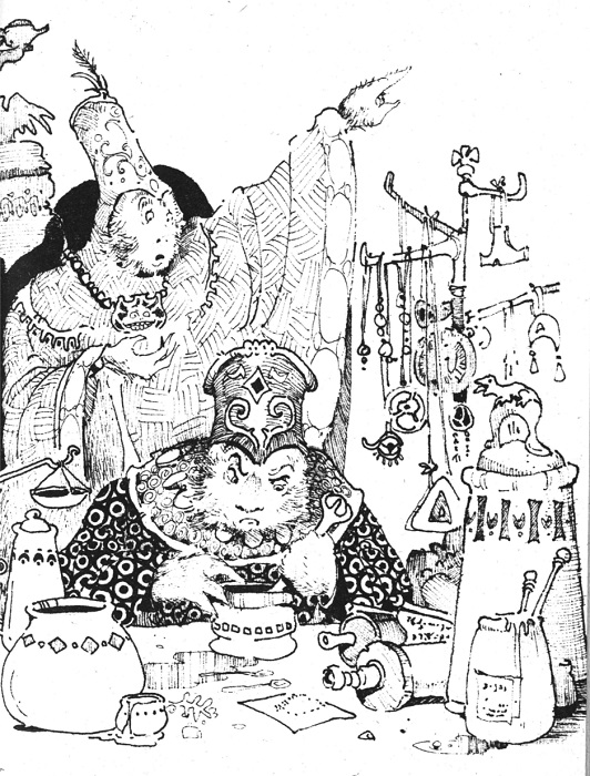A black and white drawing of two humanoid aliens, Lant and Shoogar, in a cluttered wizard's laboratory.  In the background Lant stands in front of some indeterminate objects on a pedestal.  He is wearing a pale poncho-style robe of cross-hatch pattern fabric and large ovals in a line at the hem.  The poncho has a tall hat-hood that resembling a drum major's hat, complete with feather decoration at the front. It is decorated in swirls and curlicues.  He is looking down at Shoogar with an anxious expression and pointing urgently toward the upper right of the page. In front of him, Shoogar is staring with an intent frown at the contents of a mortar and pestle which he is holding in one hand and stirring with the other.  His dark robe has small white rings all over it, and his hat is likewise tall but has fewer decorations. Strewn around Shoogar on his work surface are many jars and bottles, some with implements stuck into them, along with unopeneds crolls and a tall utensil rack with several arms sticking out to the sides with amulets hung over them.