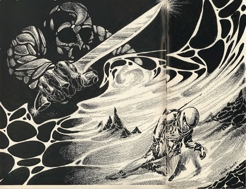 Black and white ink drawing of a spacesuited figure on a desert style planet lying sick on the planet. From the shadows behind them is a large figure resembling an earth golem with a large knife and hollow eyes.