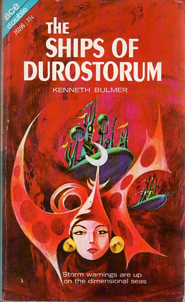 A color image of the front cover. It is mostly red. Green, submarine-like spaceships burst through clouds in the background, while the foreground is taken up by the head and headdress of an Asian woman. The headdress is an immense, swooping thing, mostly red and set with a crescent moon. Below her head, there is the legend 'Storm warnings are up on the dimensional seas'