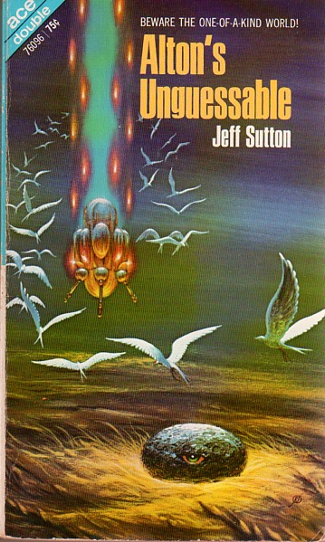 A color image of the book cover. The legend at the top of the book states, in neat capitals 'Beware the one-of-a-kind-world!'. A spaceship is landing on a dull yellow plain, followed by a beam of blue and green fire set with splashes of orange. A flock of alien gulls flies across the plain to circle the beam of light. On the plain, in the foreground of the image, sits a small, egglike rock with a single, half-closed eye.