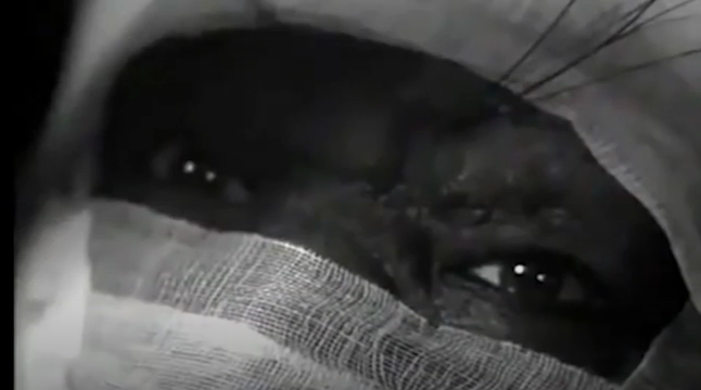 Image of the humanoid figure, looking at the viewer from between a slit in its bandages.