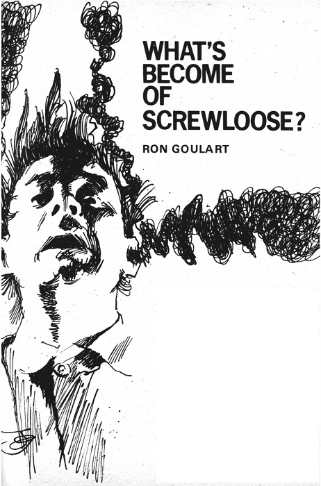 The title illustration for What's Become of Screwloose?  A black and white pen and ink drawing shows a man with an agitated expression on  the left side of the page against a blank background.  Part of his ear and his shoulder extend to the left out of the frame. He has straight hair sticking straight up in spikes.  His head is tilted slightly back so that he appears to be looking down at the viewer. Thick black smoke is pouring out from his ears, both straight up and horizontally to the right, extending out of the frame. He wears a plain button down shirt, but only the collar and front placket are drawn. 