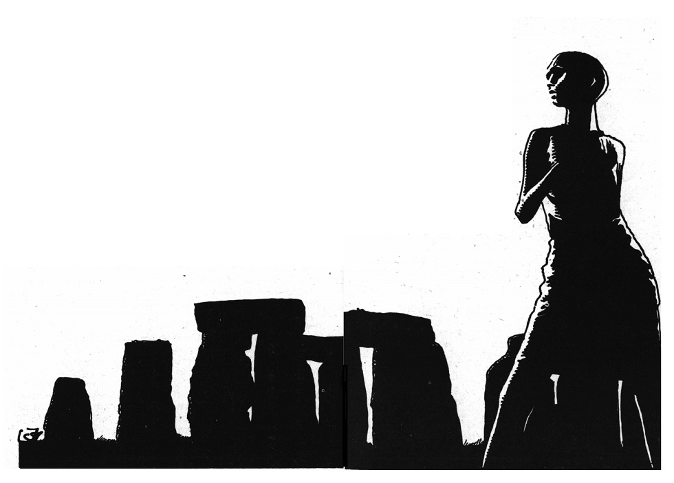 A black and white illustration of the silhouette of a miniature stonehenge replica against a white background.  On the right of the image a humanoid being stands with legs wide apart and one arm bent upward toward the chest.  It is backlit, with light showing only the sides of the body and the profile of the face. Its hairless head faces left, looking over the top of the mini Stonehenge.