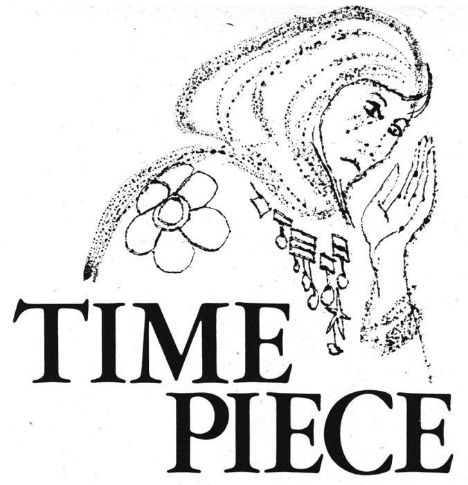 The title illustration for Time Piece.  A black and white pointillist style illustration shows a person with shoulder length hair facing toward the right at a three quarter profile. They have a large flower on the left side of their uniform as it faces the viewer, with military style ribbons pinned all across the front.  Some have medals of varying sizes and lengths hangingfrom them.  The person is gazing at their hand, which is held up as though they were about to rest their face on it. The title of the story is written in serifed capitals across the bottom of the illustration.