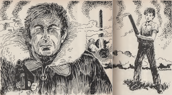 Black and white ink illustration of Cold Crucible by Bob Shaw, a man in a thick fur coat with a gun pointing towards us, an ICBM launches towards the sky and a boy holds a double barrelled shotgun.