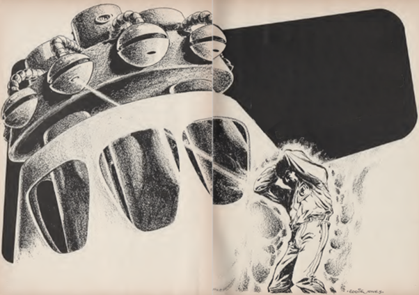 Black and White ink drawing illustrating Rule of the Brains by John Russell Fearn showing a man being psychically attacked by a large machine, with a series 