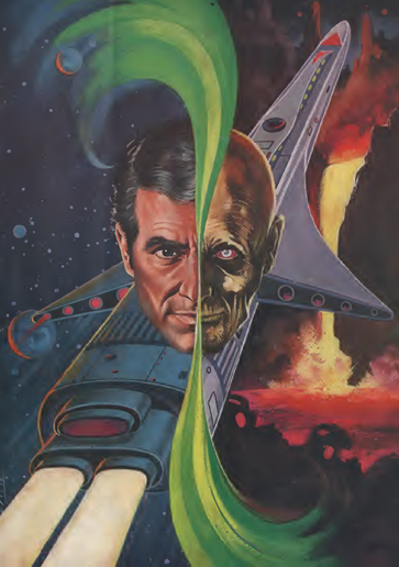 Painted Colour illustration of Spawn of Jupiter by EC Tubb, showing a long spaceship, split between two background, one a spacefield, one a river of lava, on one side is the face of a shite man, the other is a mummified face.