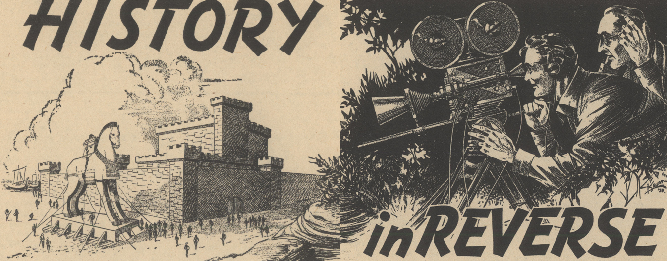 Black-and-white drawing of a film camera operator hidden in the bushes, spying on the Trojan War.