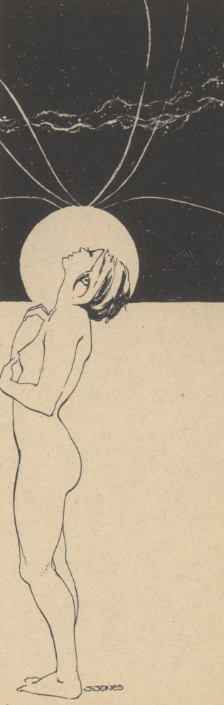 Black-and-white drawing of a naked woman seen in profile, with a luminous halo around her head.