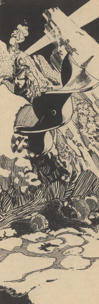 Black-and-white illustration of the ocean floor. In the foreground is a giant drill. In the background is a man in a diving suit.