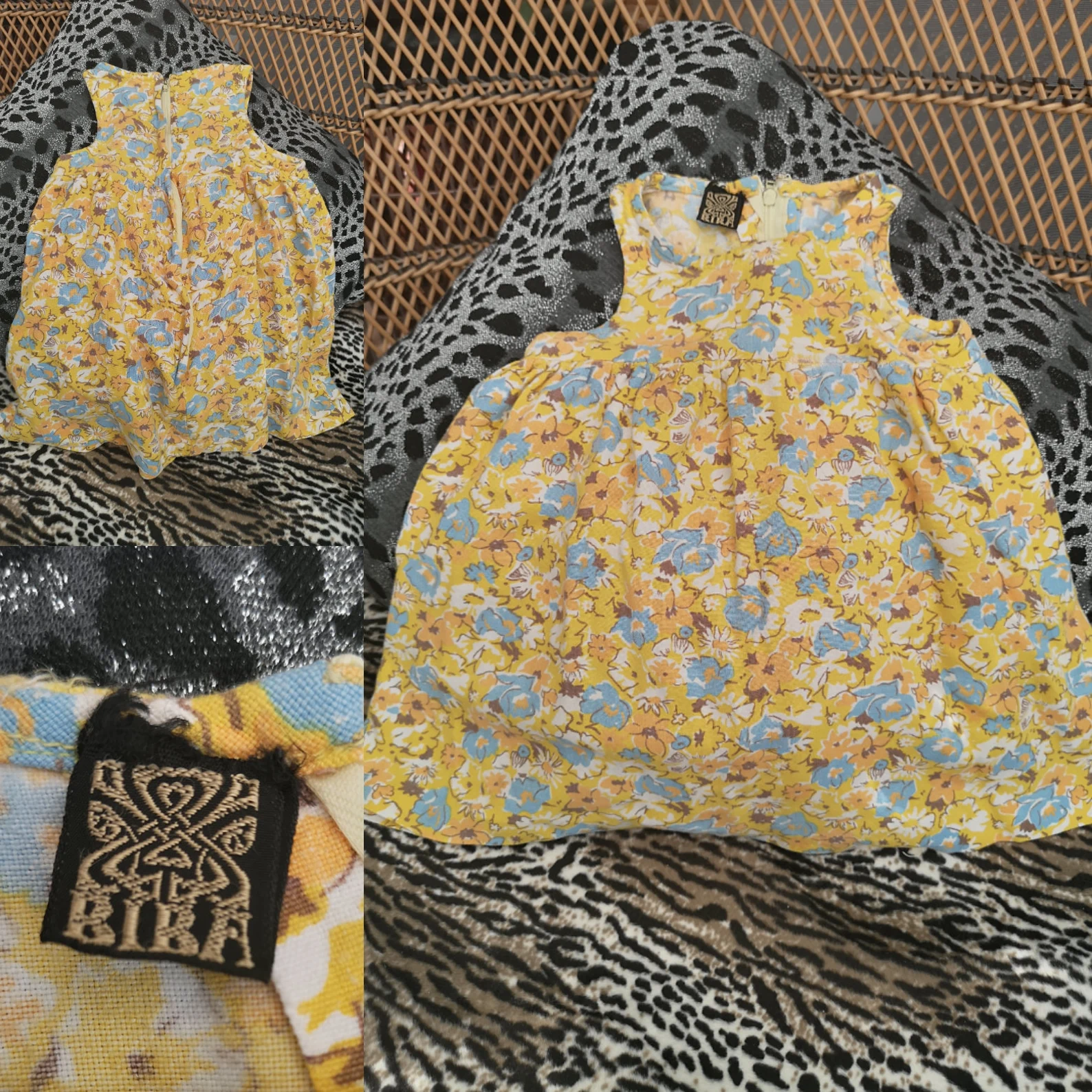 Trio of colour photographs of details (including the 'Biba' tag) for a small yellow-and-blue flower-printed sleeveless dress with what looks like a 3/4 skirt