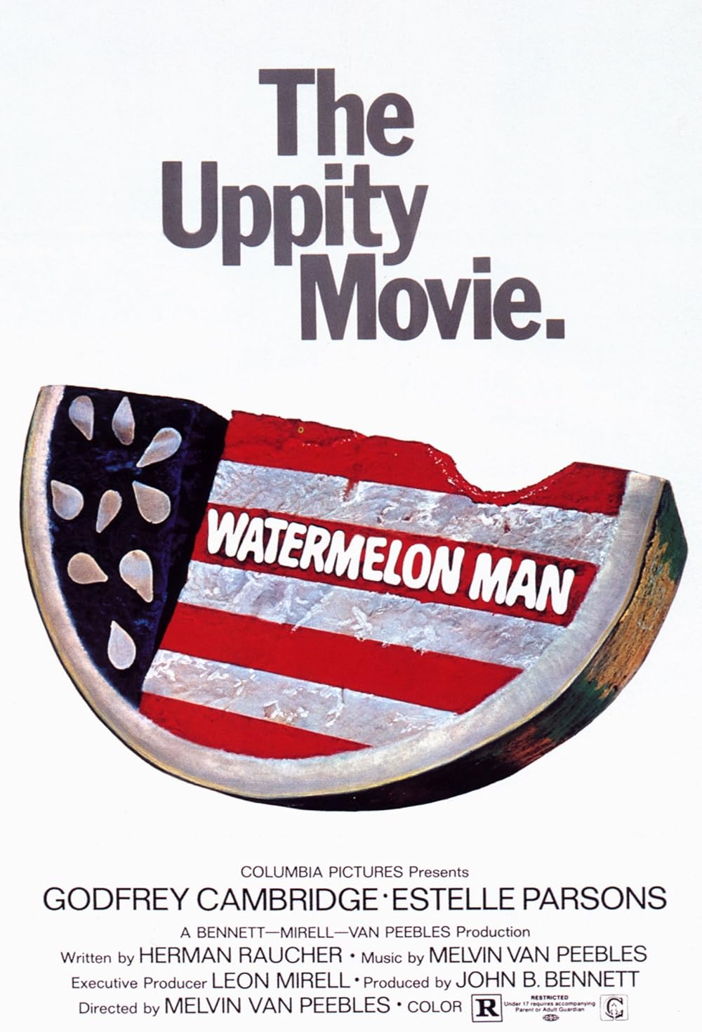 Movie poster for with Watermelon Man, depicting a painting of a wedge of watermelon, stylized in palette to suggest the American flag, with a header reading'The Uppity Movie'