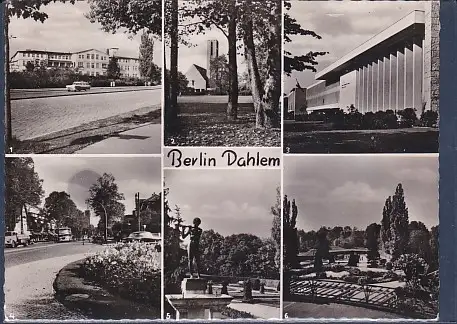 Two black and white postcards from Berlin-Dahlem.  Each is a collage of several photos, showing public buildings, tree-lined streets, and parks with statues and lakes. 