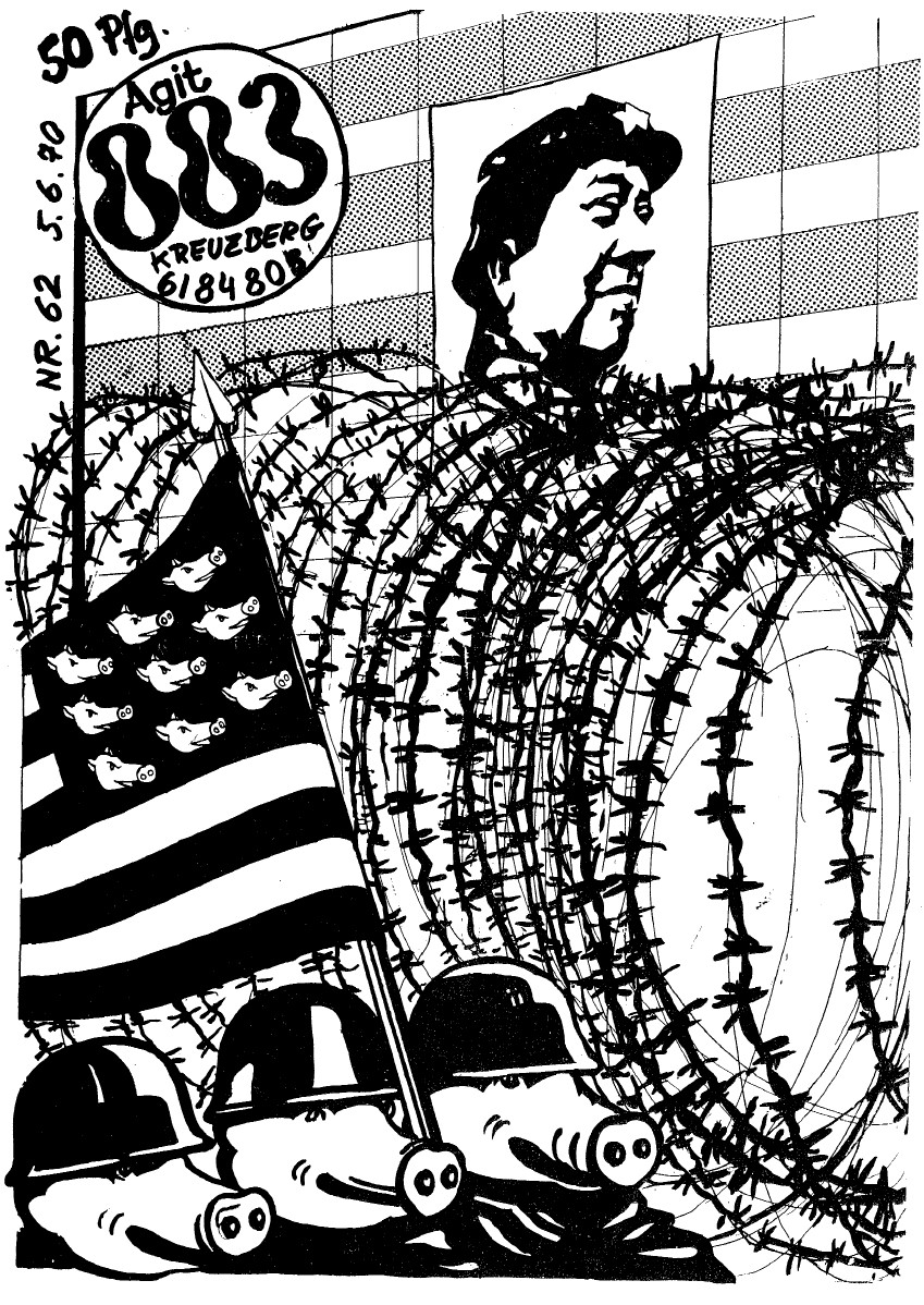 The cover illustration for Agit magazine. At the top, a large building hangs a multi-story poster of Chairman Mao. Below the poster, a thick roll of barbed wire separates the building from three pigs in army helmets, one of which is holding a parody of the USA flag with pig heads instead of stars.