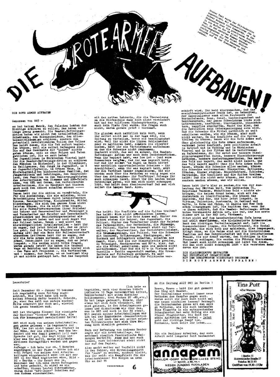 A black and white page from a magazine, printed in three columns of very small type. At the top the headline is written across an image of a leaping panther. A drawing of an assault rifle is in the middle of the center column of text. Ads fill the last couple inches of space after the end of the article.