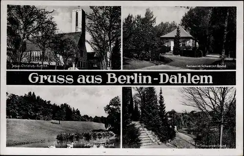 Two black and white postcards from Berlin-Dahlem.  Each is a collage of several photos, showing public buildings, tree-lined streets, and parks with statues and lakes. 
