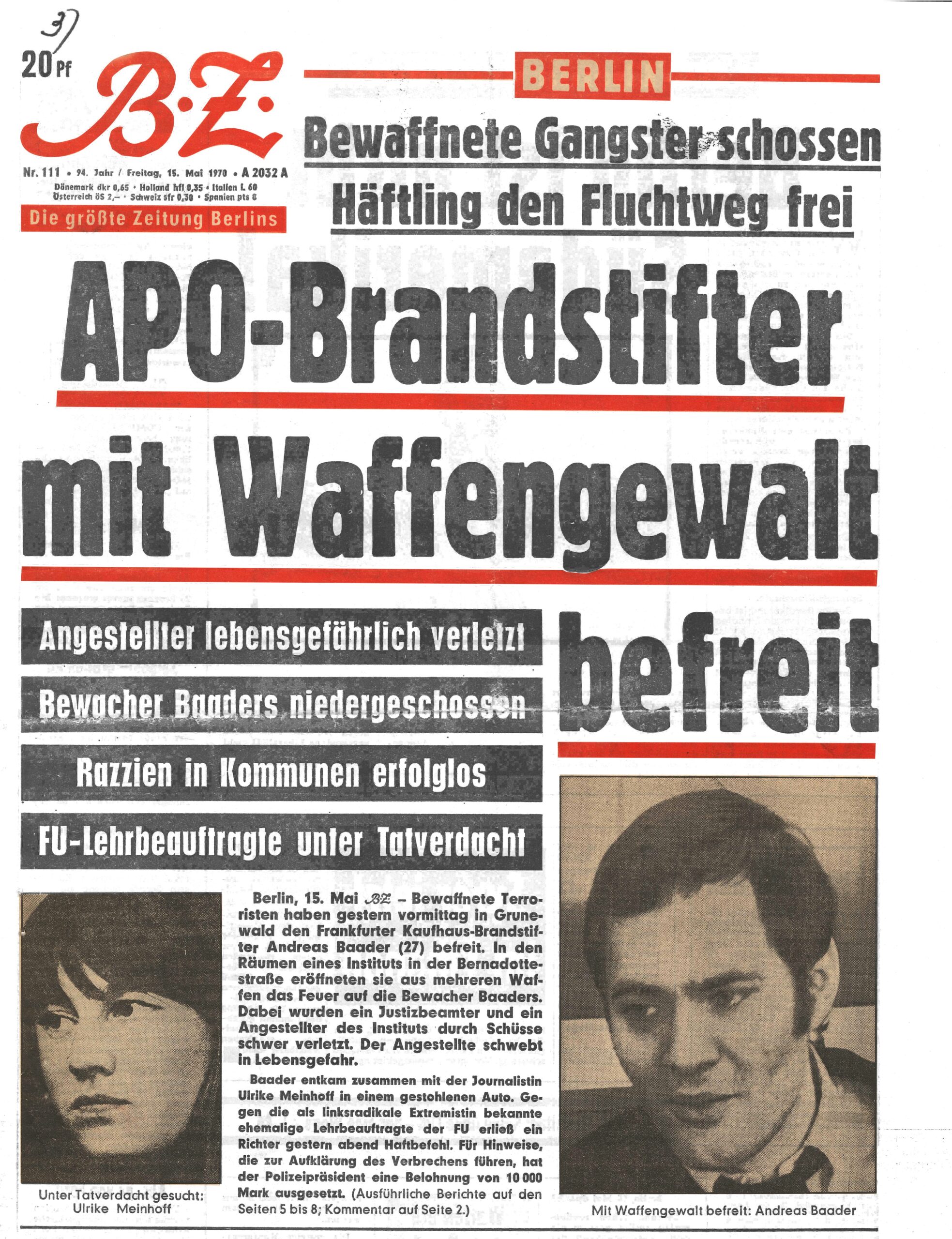 A photo of a different newspaper, still with red-underlined headlines. Below the headline, photos of Baader and Meinhof bracket the article text.