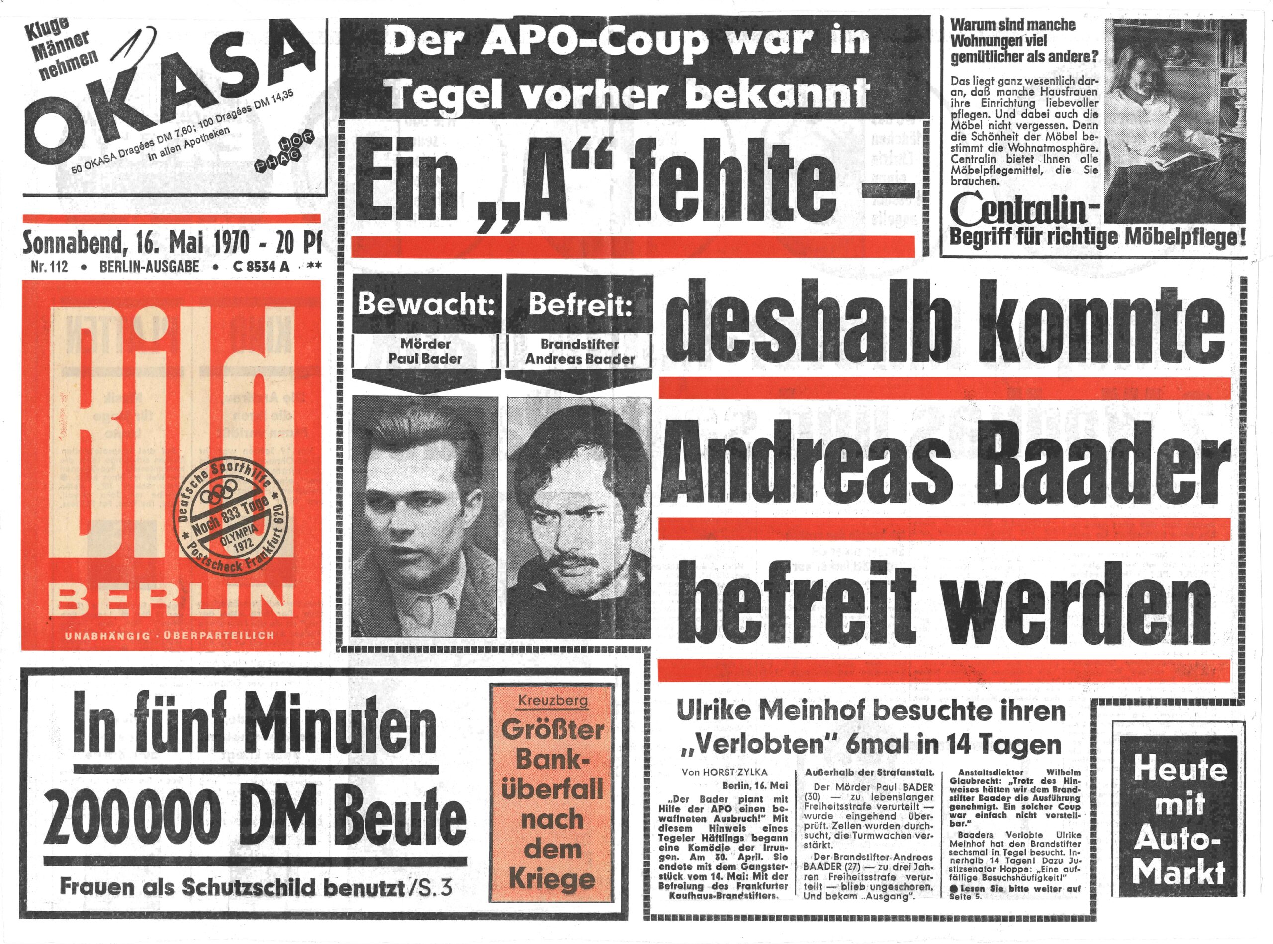 A photograph of a German newspaper. The newspaper logo is in red, and the main headline is underlined in red. In the center next to the main headline are mugshot photos of two men.