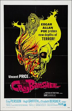 Poster for Cry of the Banshee depicting a demon's face resolving into a woman in a yellow dress.