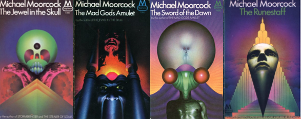 Covers of Runestaff Series from Mayflower, 
1. The Jewel in the Skull - A round green skull with a circle at the top and two birds underneath it, at the top of the triangle
2. The Mad God's Amulet - At the bottom is a towered wall with a screaming face in it. A fire comes from behind it lighting an old wrinkled gace above.
3. The Sword of the Dawn - A bipedal man with a praying mantis head looking straight ahead. Behind is a mountain with a white orb at the top and an alien figure sitting in it.
4. The Runestaff - A stairway reaching up to a point with a face inside a cone on it.