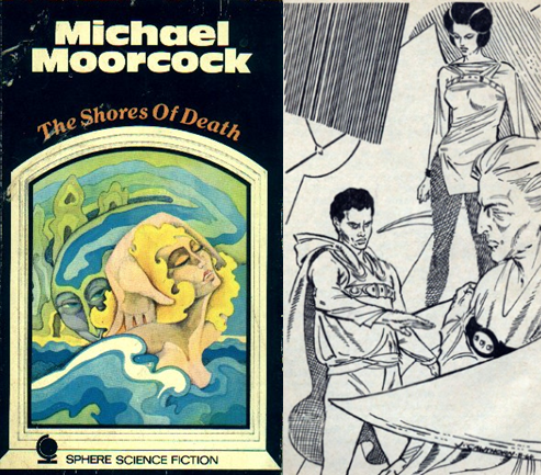 Cover of The Shores of Death and an internal illustration from New Worlds serialisation.
The cover shows a woman being encircled by a liquid creature. The internal image is a black and white ink drawing of three cloaked figures arguing in a futuristic city.