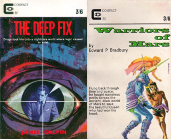 Covers of The Deep Fix and Warlords of Mars. Deep Fix shows an eye with a suited person in it, inside crosshairs. On Warriors of Mars a John Carter-like figure fights an armoured blue alien. Behind them is another sword-wielding blonde haired figure in a cloak.