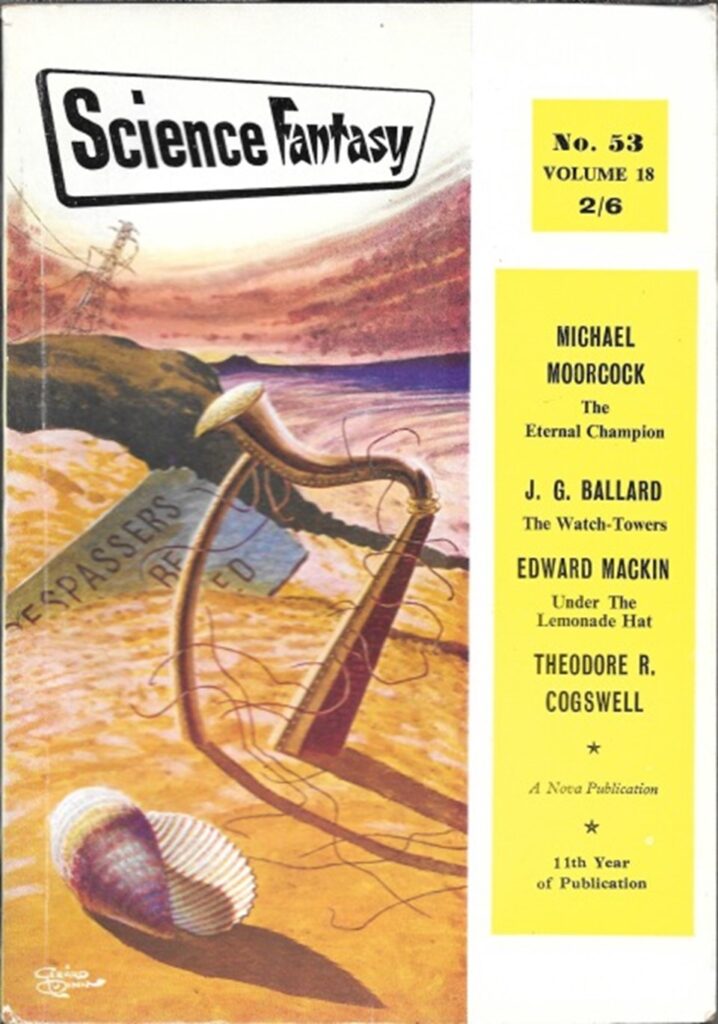 Cover of Science Fantasy from 1962 showing a desert. On it are a seashell, a harp, a Trespassers Will Be Prosecuted sign and an electricity pylon.