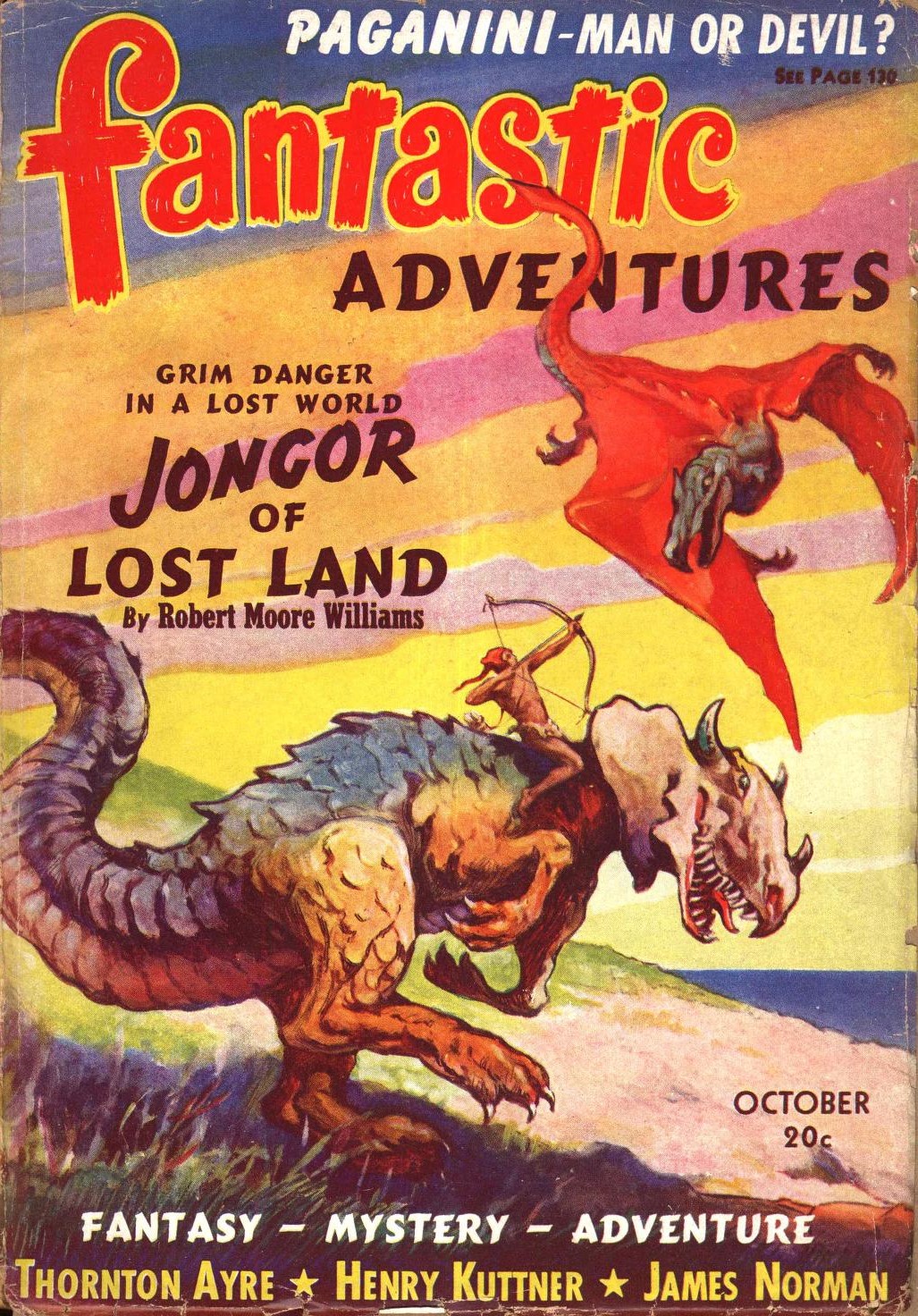 The cover of Fantastic Adventures. A man in a loincloth sits astride the neck of a dinosaur-like creature that looks like a T-rex body with a triceratops head that has sharp carnivorous teeth. It is standing on one foot as though about to take a step.  The man is aiming a bow and arrow at a red pteranodon-like creature which is flying above him, turned as though diving toward him.  The sky in the background is yellow and orange fading to dark blue at the top of the frame, as though at sunset.