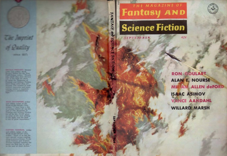 Cover and back cover of The Magazine of Fantasy and Science Fiction for September 1964. It announces the authors Ron Goulart, Alan E. Nourse, Miriam Allen DeFord, Isaac Asimov, Vance Aandahl, and Willard Marsh. The illustration, which extends from the cover to the back cover, shows an eye inside a shape full of flames. The background shows a spear lying on a snowy surface.