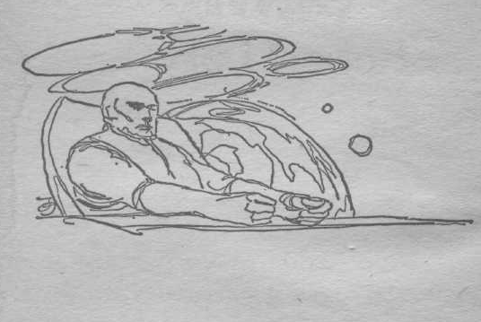 Drawing of a man sitting in the cockpit of a spaceship, with a planet visible through the window.