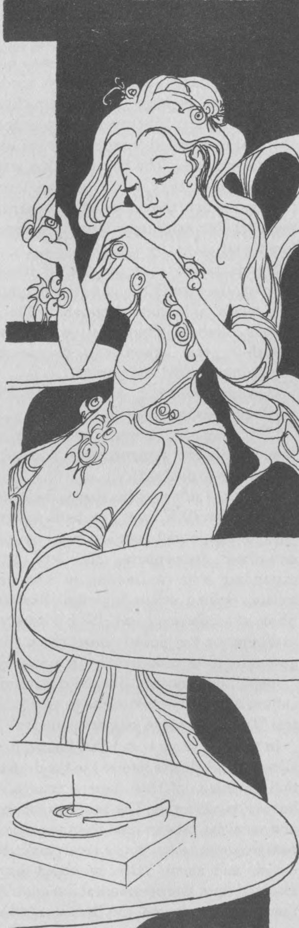 A black and white pen and ink drawing of a woman in a flowing skirt sitting at a table.  It is difficult to tell from the drawing how much clothing she is wearing above the waist, since although the curved decorative baubles on the skirt are also present on her arms and chest there is no neckline or sleeve line visible.  Her hair is loosely bound at the back of her head and descends in waves down one shoulder and over her arm.  In front of her at another table a small record player appears to be playing.