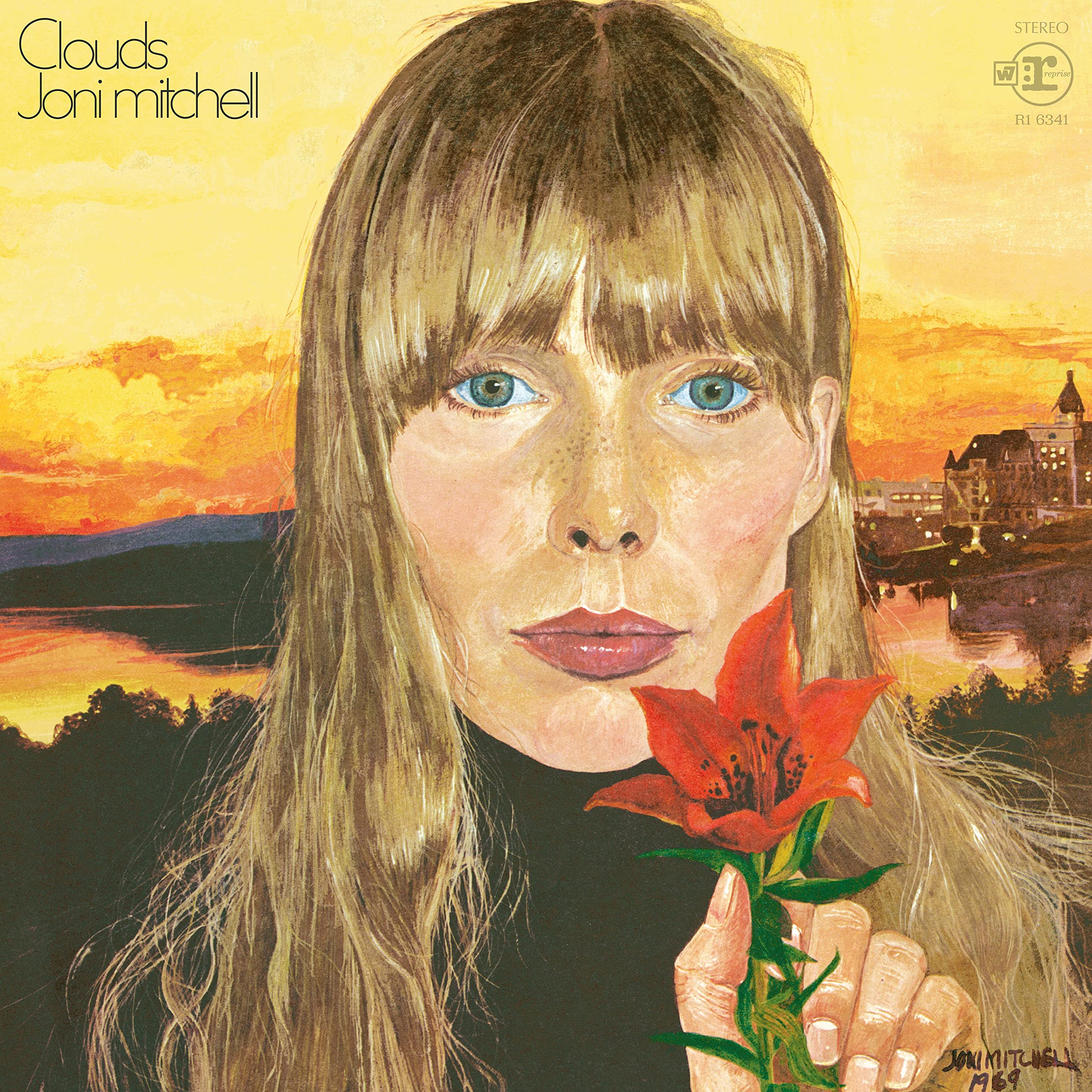 Cover of the album Clouds by Joni Mitchell. The illustration is a painting of a blonde woman holding a red flower. The background shows a sunset.