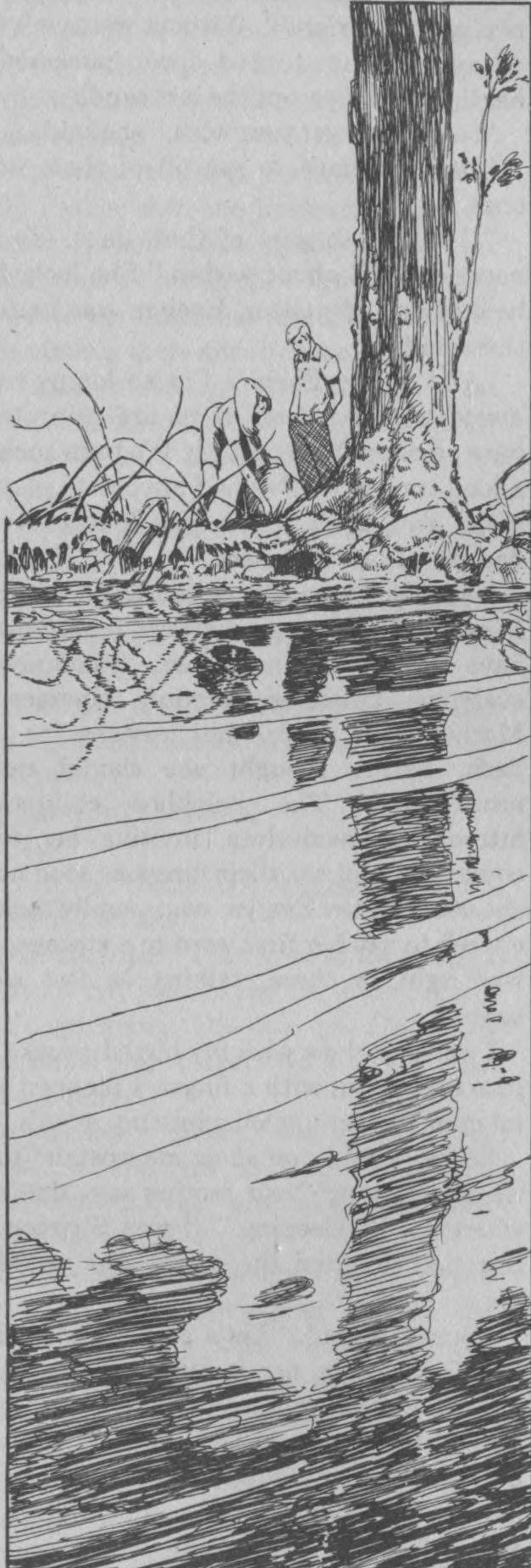 A black and white pen and ink drawing of a woman and man standing next to a tree at the edge of a stream.  The woman is leaning forward toward the stream with one hand resting on a large rock next to her.  The man stands upright, watching her with his hands in his pockets.  The tree extends upwards out of the frame with only the trunk and a single branch visible, although more foliage is visible in the reflection in the water.  The roots extend from the bank into the water.
