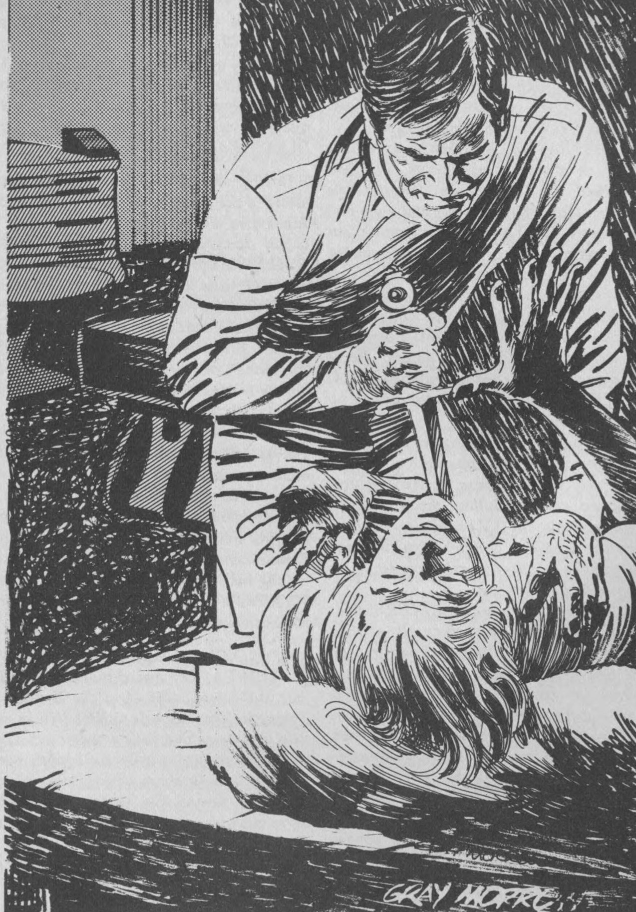 A black and white pen and ink drawing shows two men in a dark room.  A wardrobe and chair are visible in the background.  In the foreground, a light haired man is lying on a bed with his hands stretched up in front of him as though to block the second dark-haired man, who is kneeling above him preparing to stab a knife through his throat.