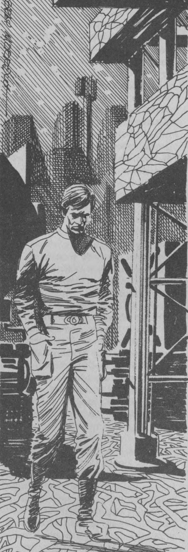 A black and white pen and ink drawing of the dark haired man from the previous image.  He is walking down a dark city street full of tall buildings and scaffolding.  The street is paved in criss crossing lines.  He is looking down pensively with his hands in his pockets.