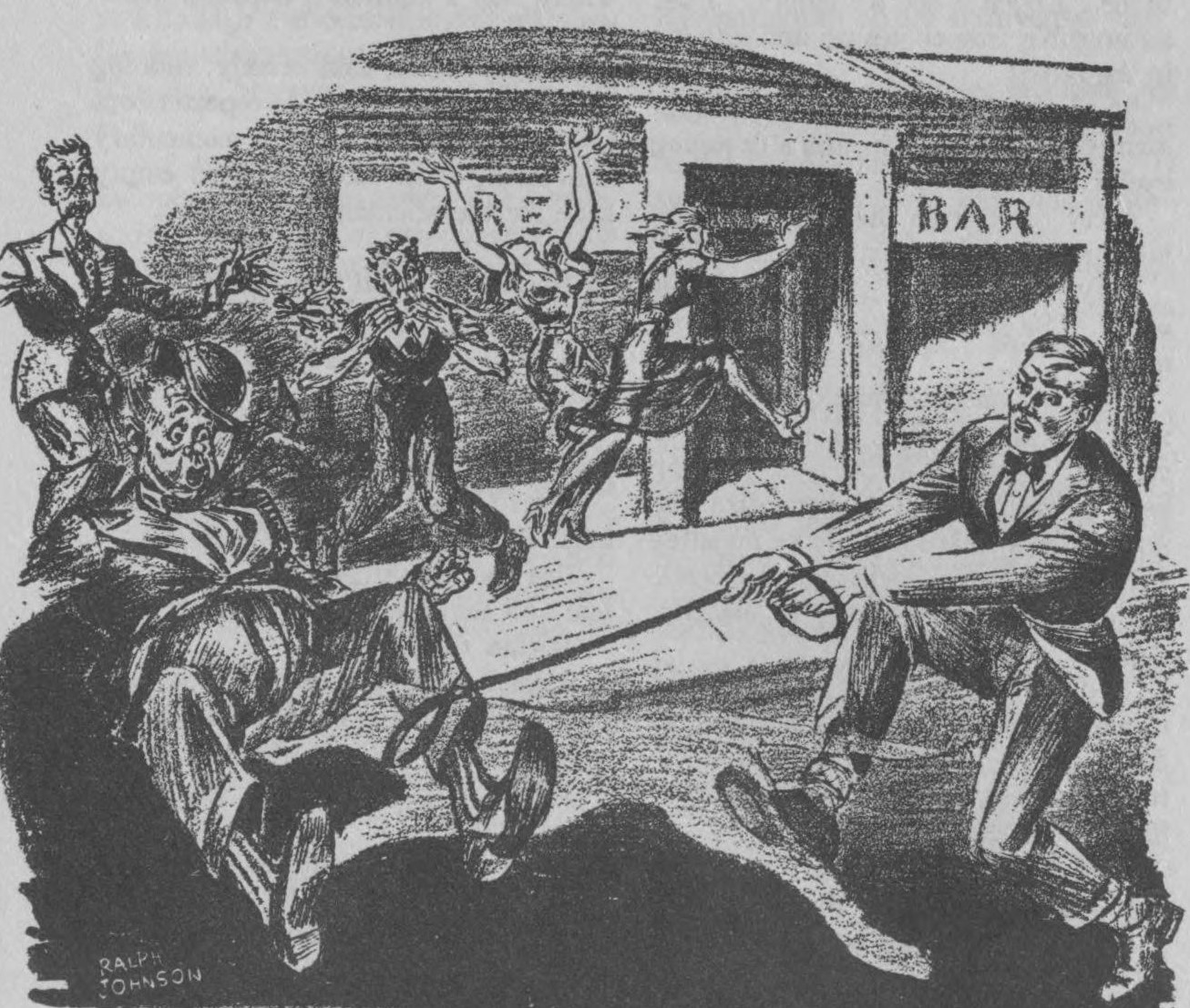 A black and white drawing of a fracas on the street in front of a bar.  In the front, a man pulls on an apparently empty leash, while another man falls backward away from whatever invisible creature is in the collar.  In the background, several other people stare in horror or run into the bar with arms waving.