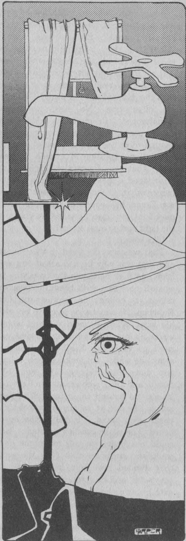 A black and white surreal-feeling collage of disparate objects.  At the top, a dripping faucet floats in midair in front of a two-paned window with partially drawn curtains and a pull-down shade.  Below that, a silhouette of a mountain rises in front of a full moon and single star.  Below that, a gnarled branch extends up from the ground.  Next to it an arm with a three-fingered hand reachesup toward an eye with a single tear falling from the inner corner.