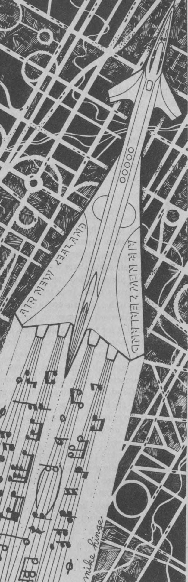A black and white pen and ink drawing of an overhead view of a sleek jet flying above city streets.  The streets are mostly in grid formation with a few roundabouts and ramps, as well as streams meandering across them. The tailfins of the jet are labeled Air New Zealand.  Instead of exhaust, a musical staff with notes written on it emerges from the tailpipes.  At the bottom of the image, the roads appear to form the word Onyx.