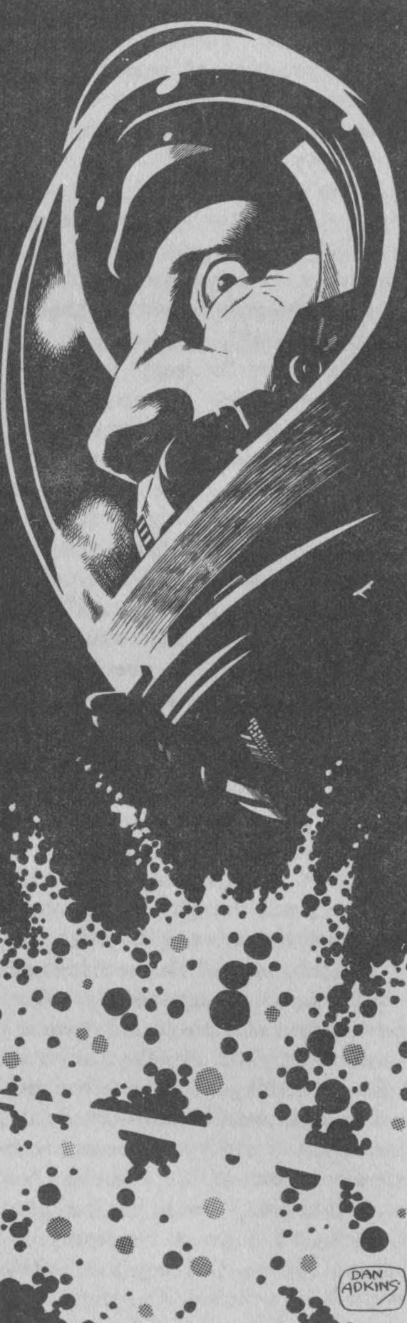 A black and white illustration of the face plate of a spacesuit against a black background.  Only the austronaut's nose and one eye are visible behind the glass.  The eye is wide with fright.  Below the helmet, the black background dissolves into white, with dark circles exploding outward.