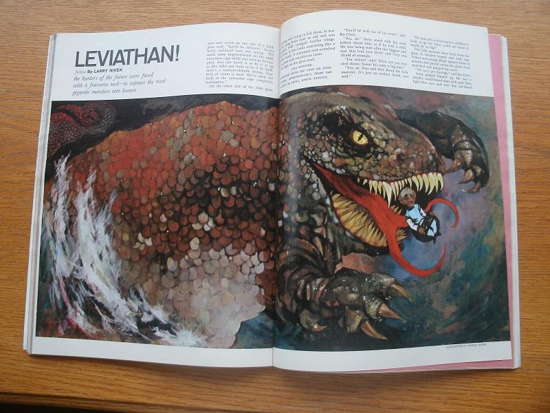 Photograph of the two-page color illustration for Leviathan, of a massive reptilian beast with scales of rust and gray, mouth filled to overflowing with teeth, pouncing forwards to catch a night-capped and sleeping man's figure