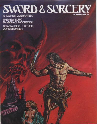 Cover for unpublished Sword & Sorcery #1 showing a Conan-esque barbarian leading a woman in a state of undress (ala Deja Thoris in Princess of Mars). Behind them is a dark gothic tower on a high mountain and skull like demon face watches over them from the sky.